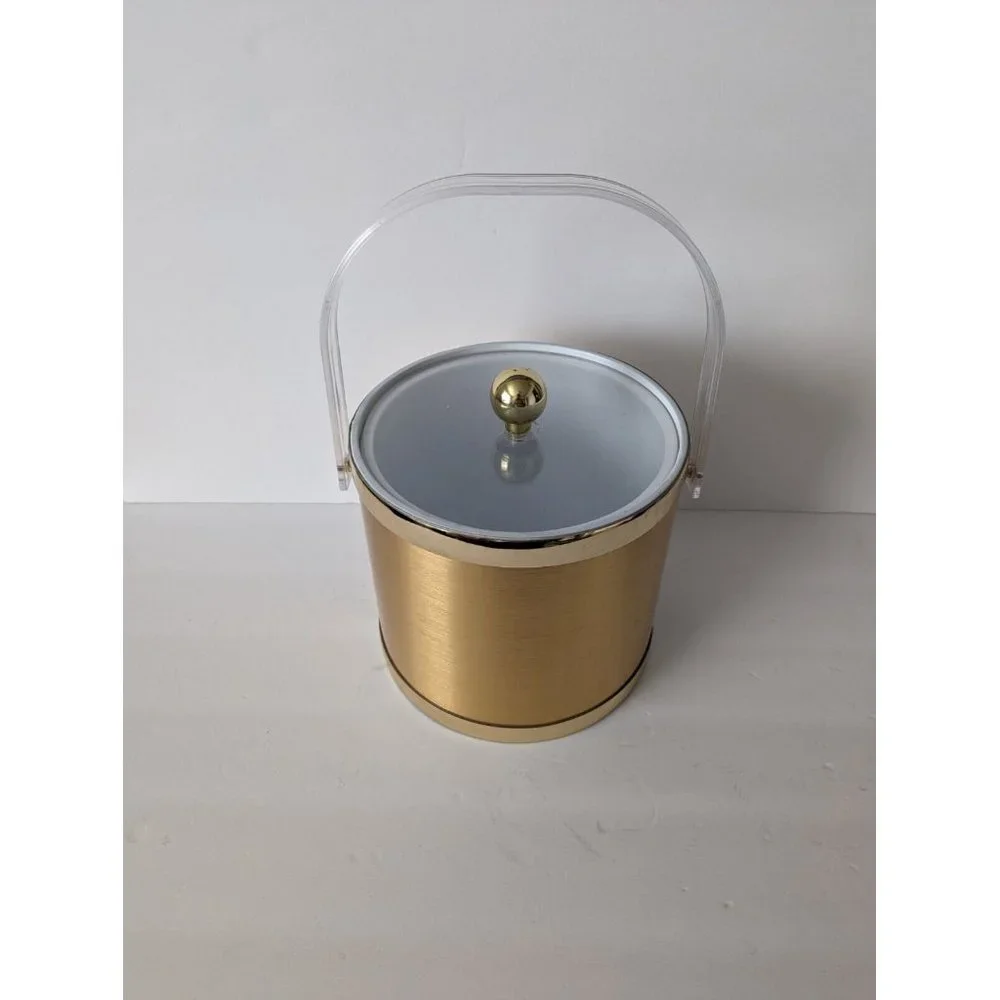Vintage Ice Bucket Gold Hollywood Regency Acrylic Handle Clear Lid - Picture 6 of 9